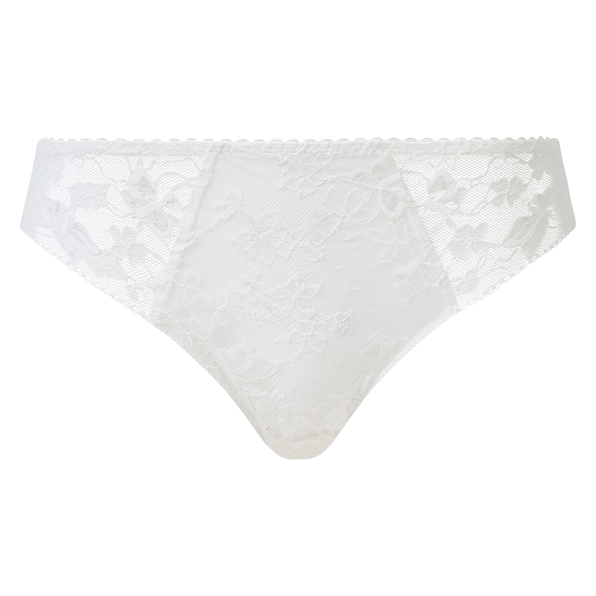 White lace bikini briefs with a scalloped waistband, shown flat against a solid white background.