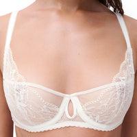 White lace underwire bra with a keyhole front detail, shown on a model from the back.