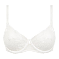 White lace underwire bra with thin shoulder straps and a seamless molded cup design, shown against a plain white background.