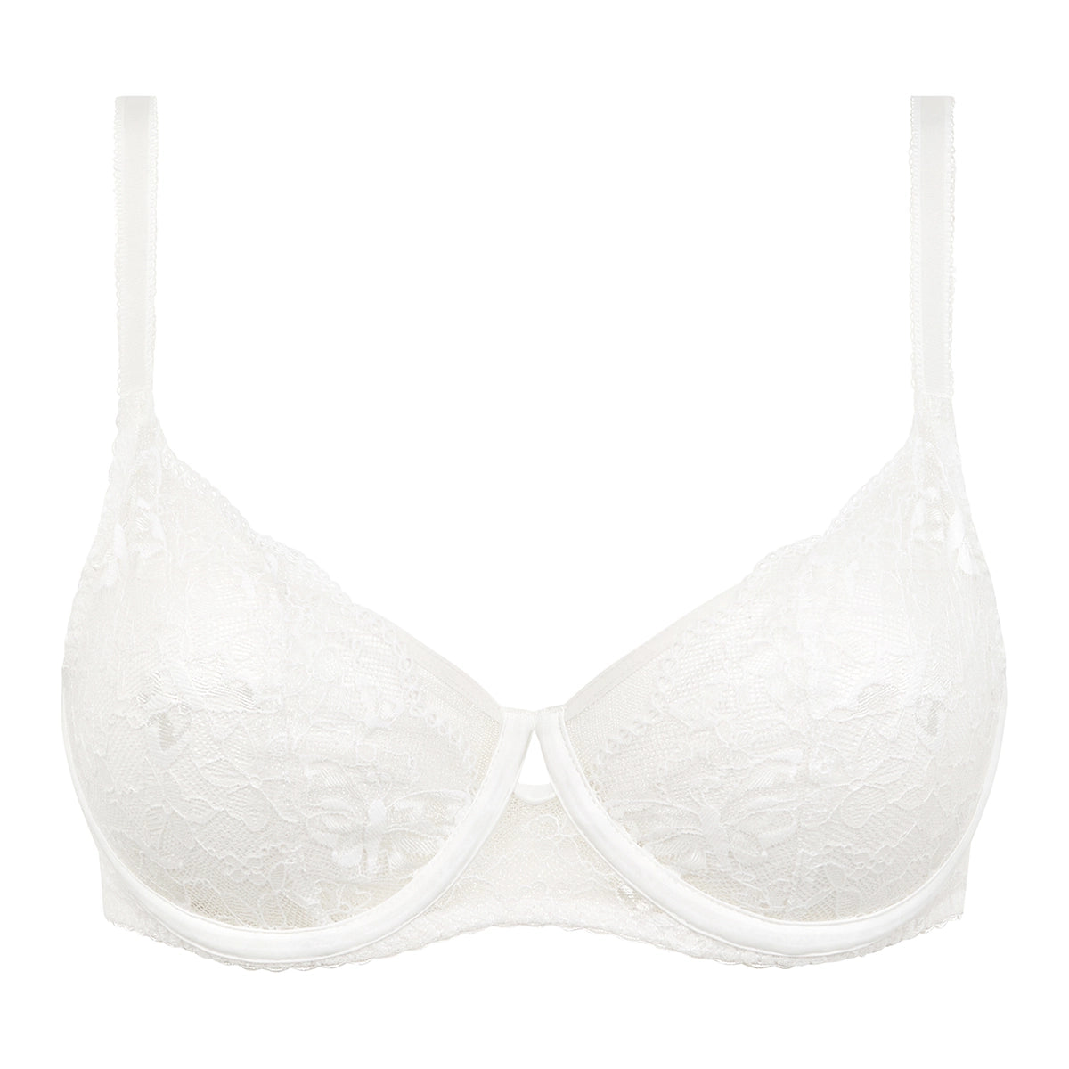 White lace underwire bra with thin shoulder straps and a seamless molded cup design, shown against a plain white background.
