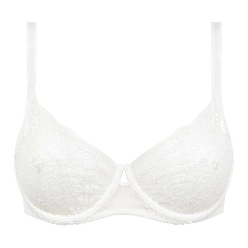 White lace underwire bra with thin shoulder straps and a seamless molded cup design, shown against a plain white background.