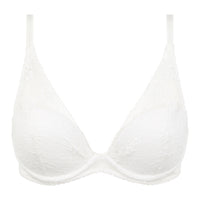 White lace underwire bra with thin adjustable shoulder straps and a seamless molded cup design, shown against a plain white background.