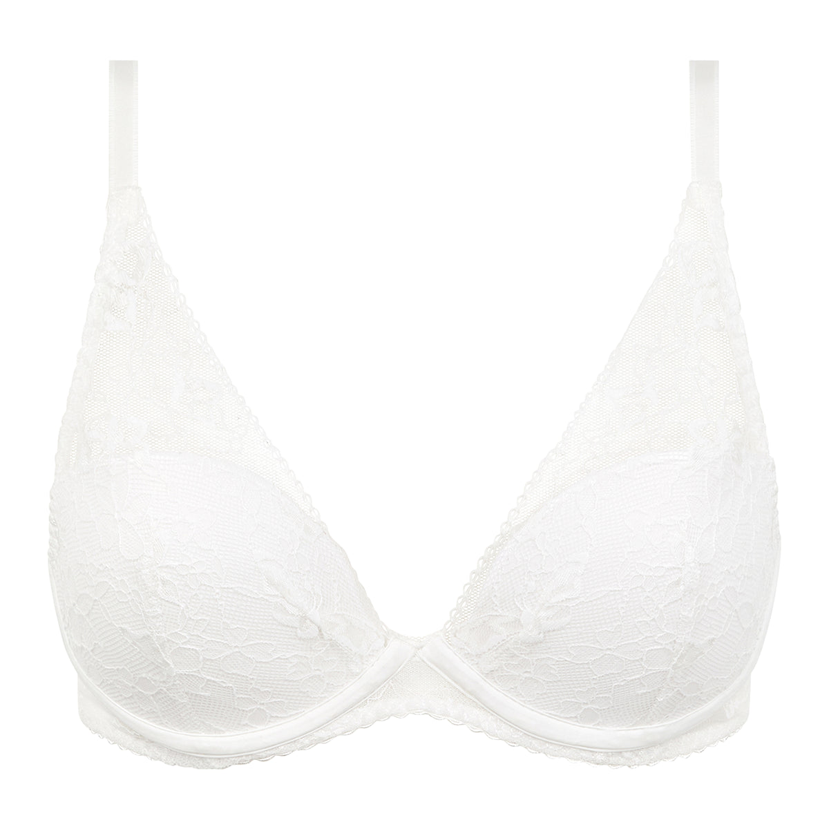 White lace underwire bra with thin adjustable shoulder straps and a seamless molded cup design, shown against a plain white background.