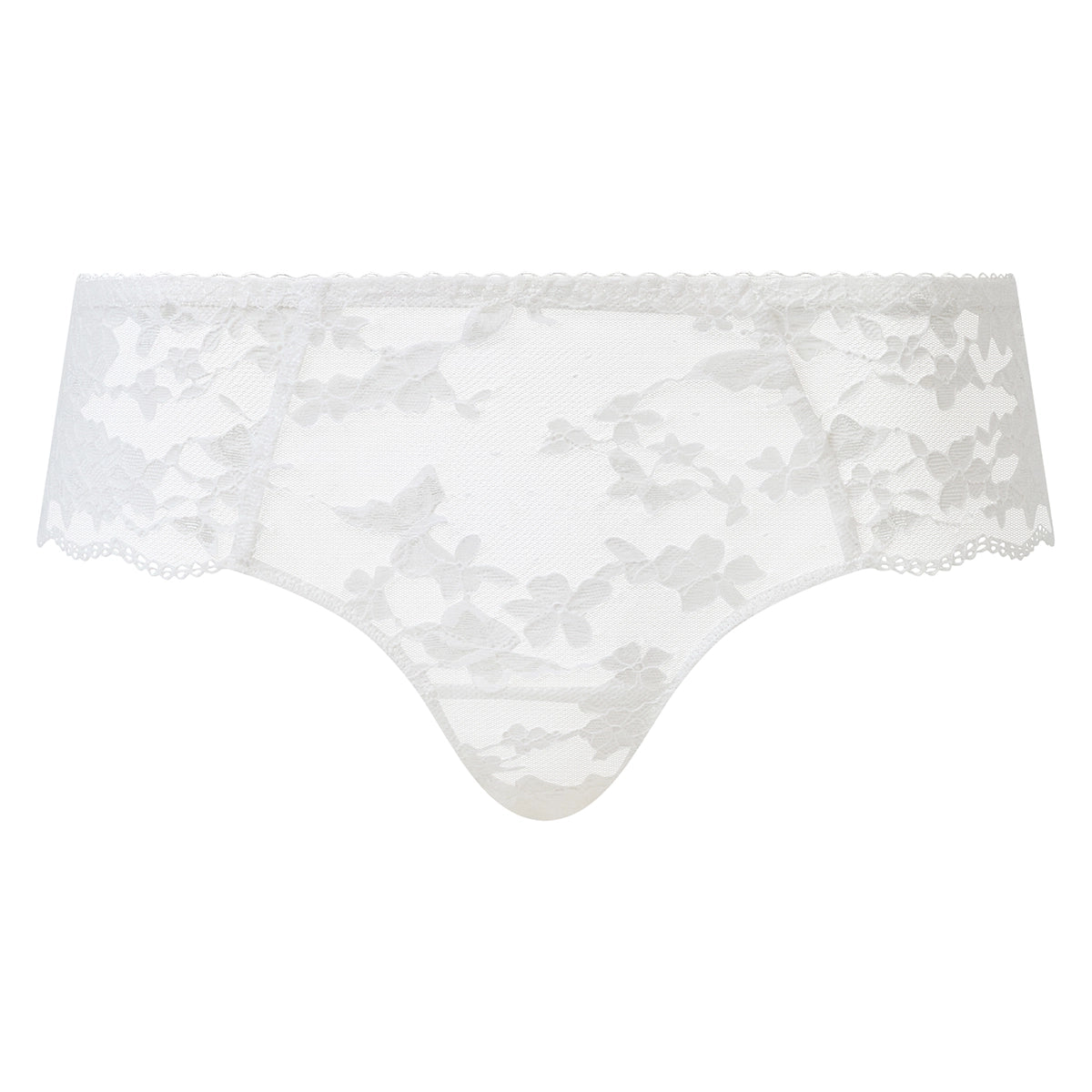 White lace thong underwear with a delicate floral lace pattern and scalloped edges, shown against a plain white background.