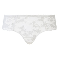 White lace thong underwear with a delicate floral lace pattern and scalloped edges, shown against a plain white background.