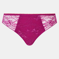 Bright pink lace thong underwear with a floral lace pattern and bow details, displayed flat against a light gray background.