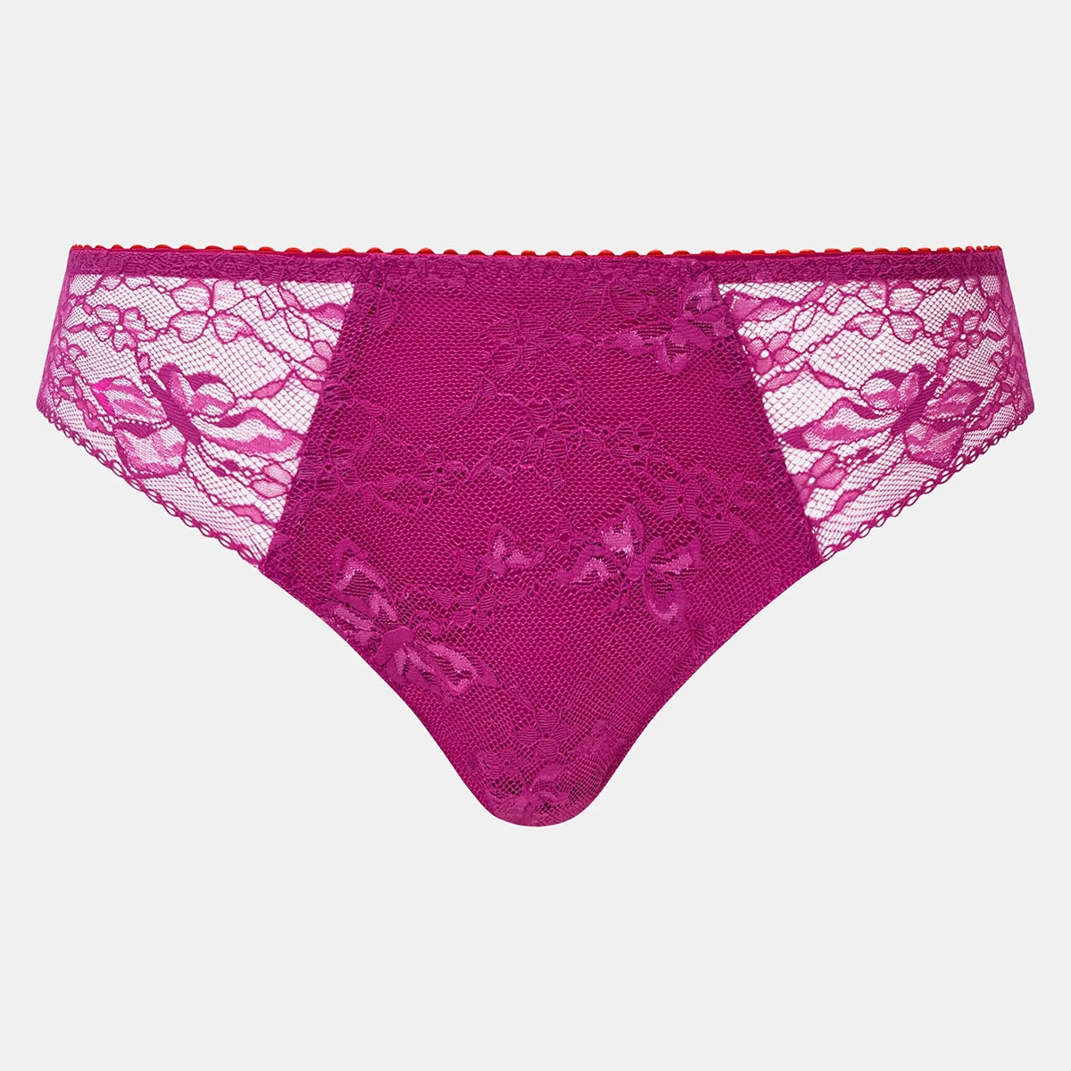 Bright pink lace thong underwear with a floral lace pattern and bow details, displayed flat against a light gray background.