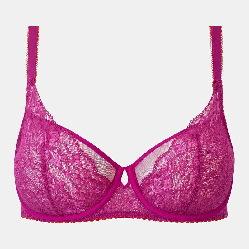 A bright magenta lace bra with solid trim and thin shoulder straps, shown against a plain light gray background.
