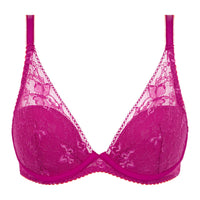 A bright magenta lace bra with underwire cups, featuring floral lace patterns and matching elastic straps, shown against a plain white background.