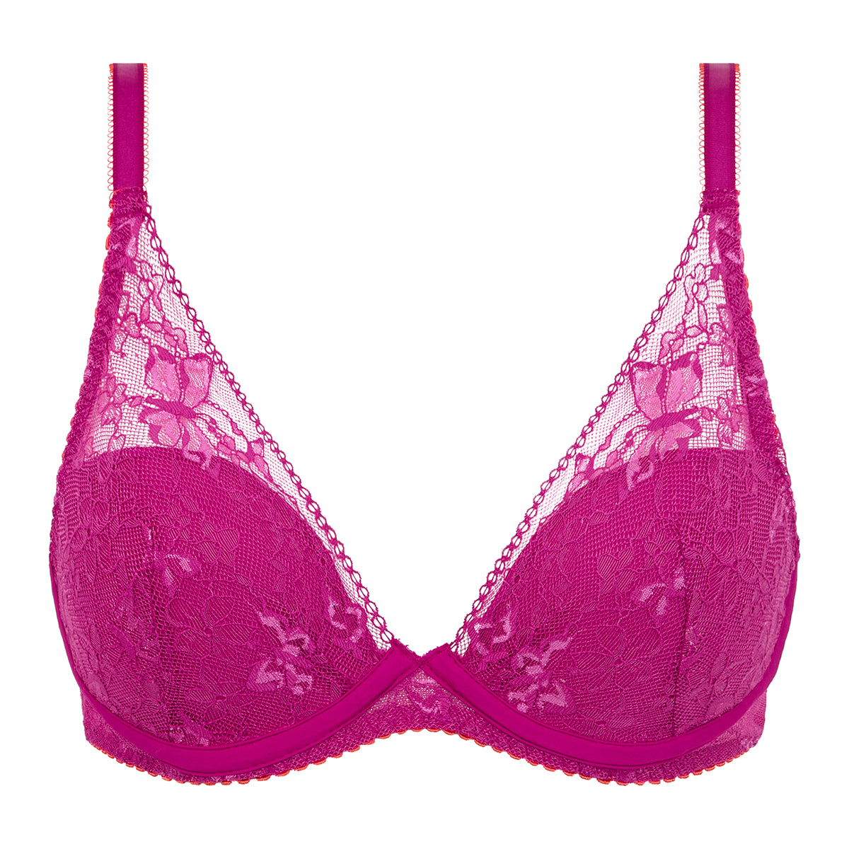 A bright magenta lace bra with underwire cups, featuring floral lace patterns and matching elastic straps, shown against a plain white background.