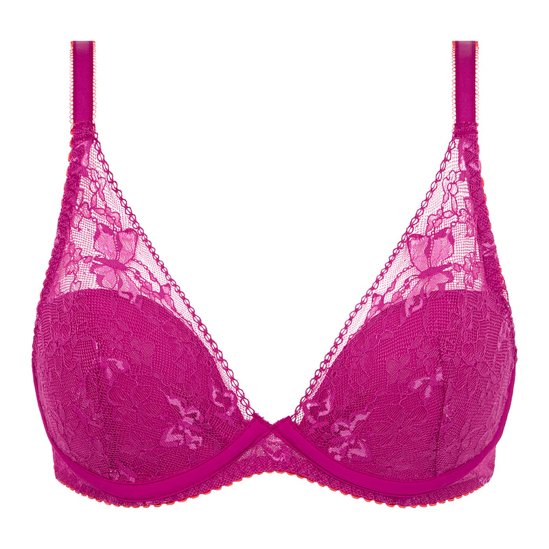 A bright magenta lace bra with underwire cups, featuring floral lace patterns and matching elastic straps, shown against a plain white background.