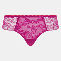 Bright pink lace thong underwear with a scalloped floral lace pattern and a solid pink mesh center panel, shown against a light gray background.