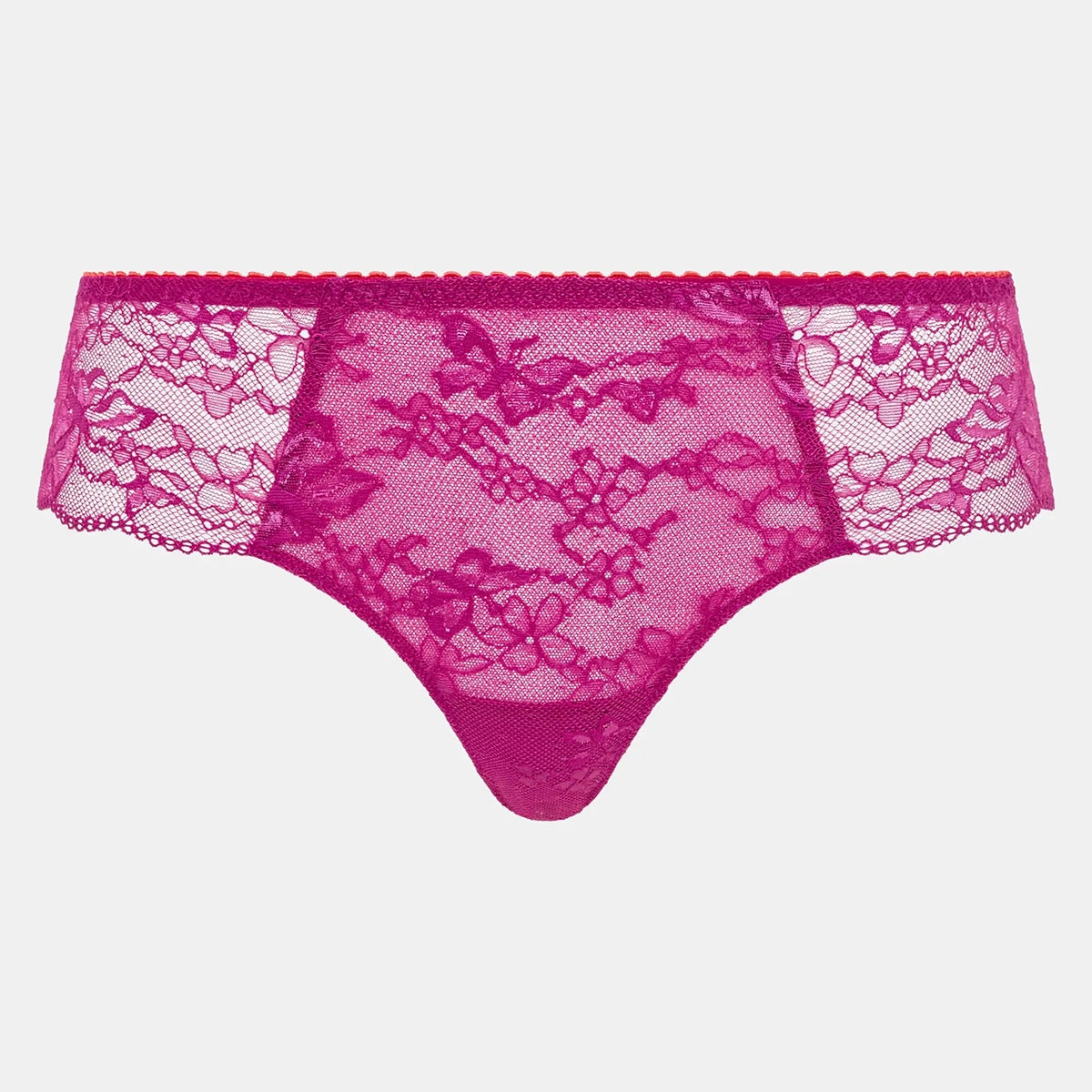 Bright pink lace thong underwear with a scalloped floral lace pattern and a solid pink mesh center panel, shown against a light gray background.