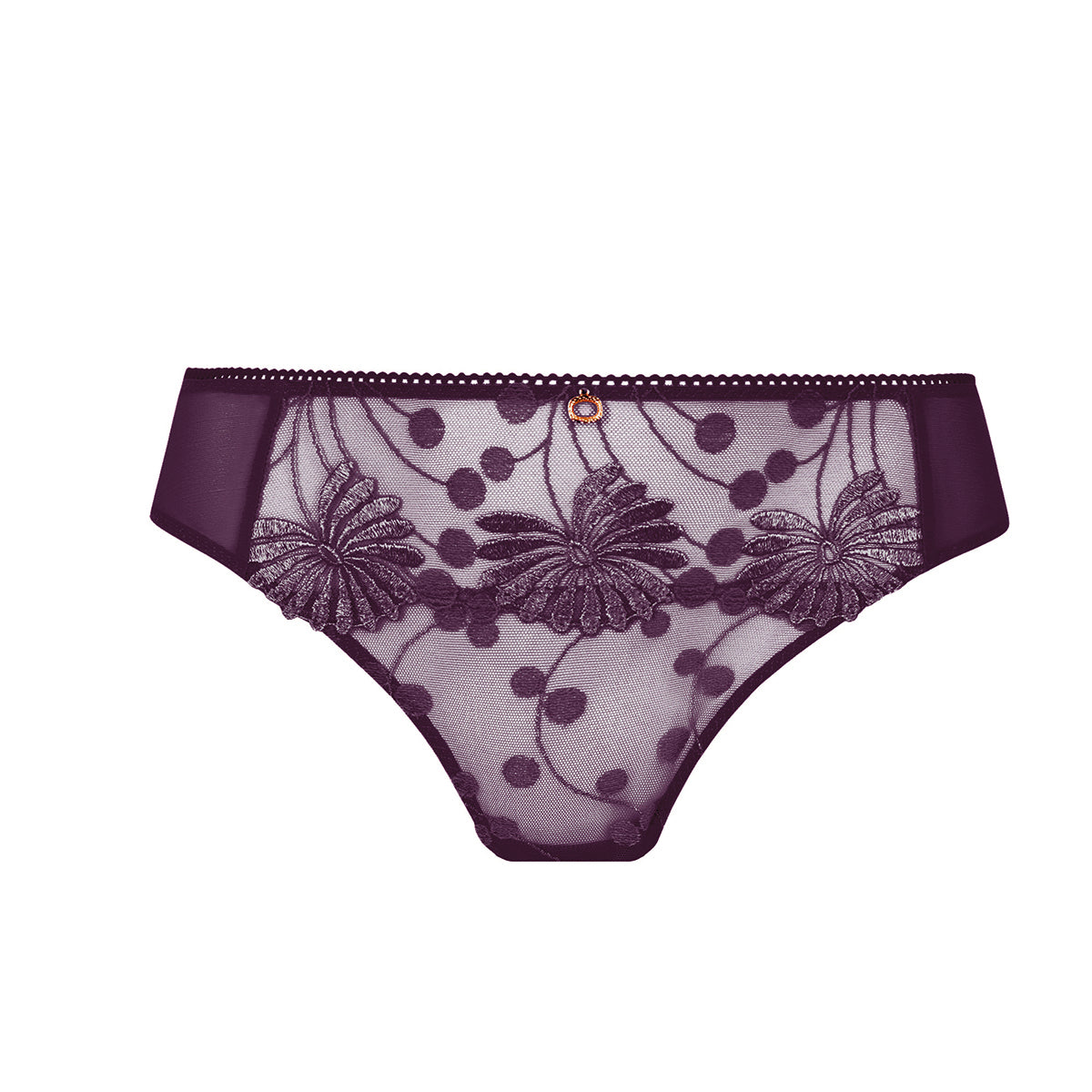 A pair of women's lace panties in a deep plum purple color, featuring a sheer floral lace pattern with embroidered leaf details and a small gold button at the center front, shown against a plain white background.