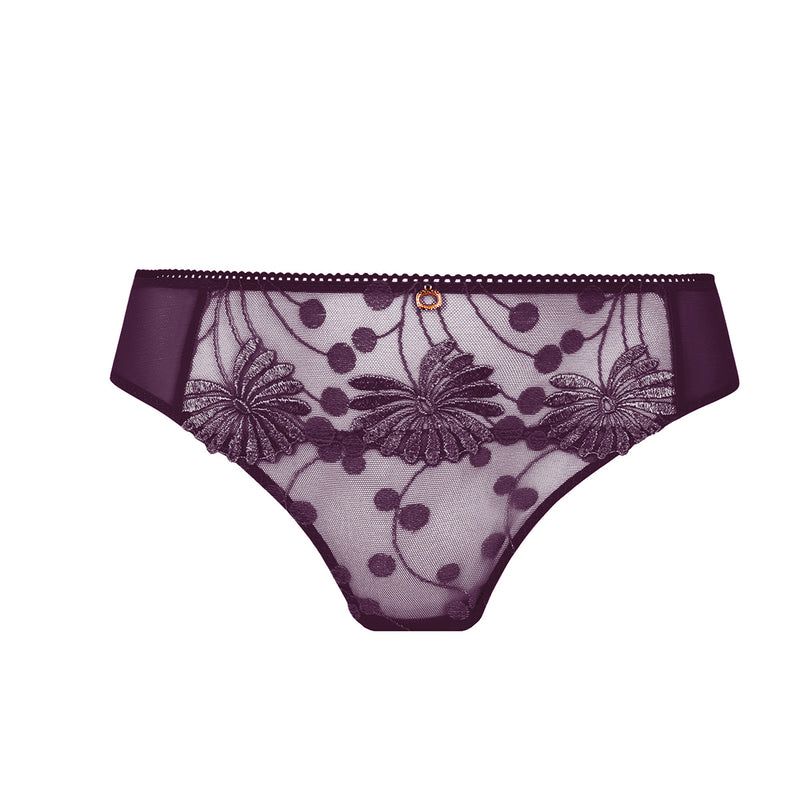 A pair of women's lace panties in a deep plum purple color, featuring a sheer floral lace pattern with embroidered leaf details and a small gold button at the center front, shown against a plain white background.