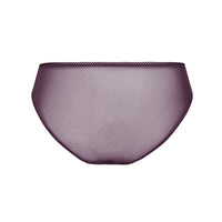 A pair of sheer, semi-transparent purple bikini bottoms with a delicate lace trim along the waistband, shown against a plain white background.