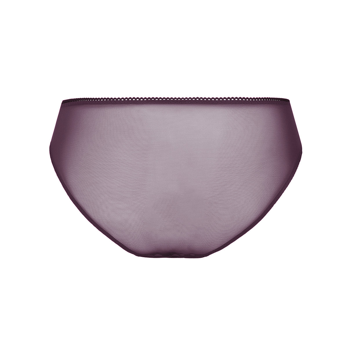 A pair of sheer, semi-transparent purple bikini bottoms with a delicate lace trim along the waistband, shown against a plain white background.