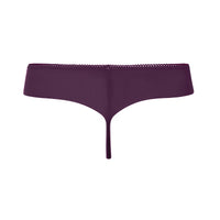 A pair of women's bikini bottoms in a deep plum purple color, featuring a wide waistband with a delicate lace trim and a single thong strap, shown against a plain white background.