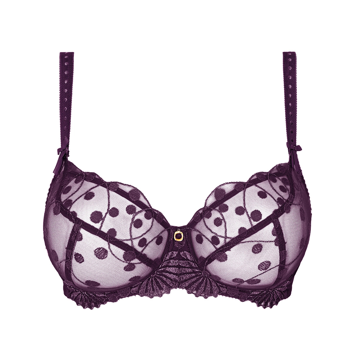 A dark purple sheer lace bra with a polka dot pattern, scalloped edges, and a small gold button at the center, shown against a plain white background.