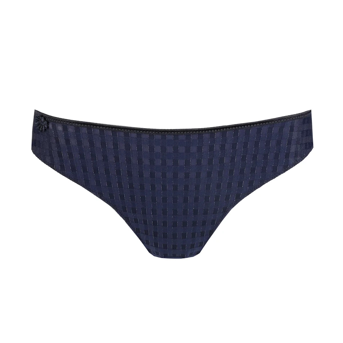 Navy blue patterned underwear on a white background