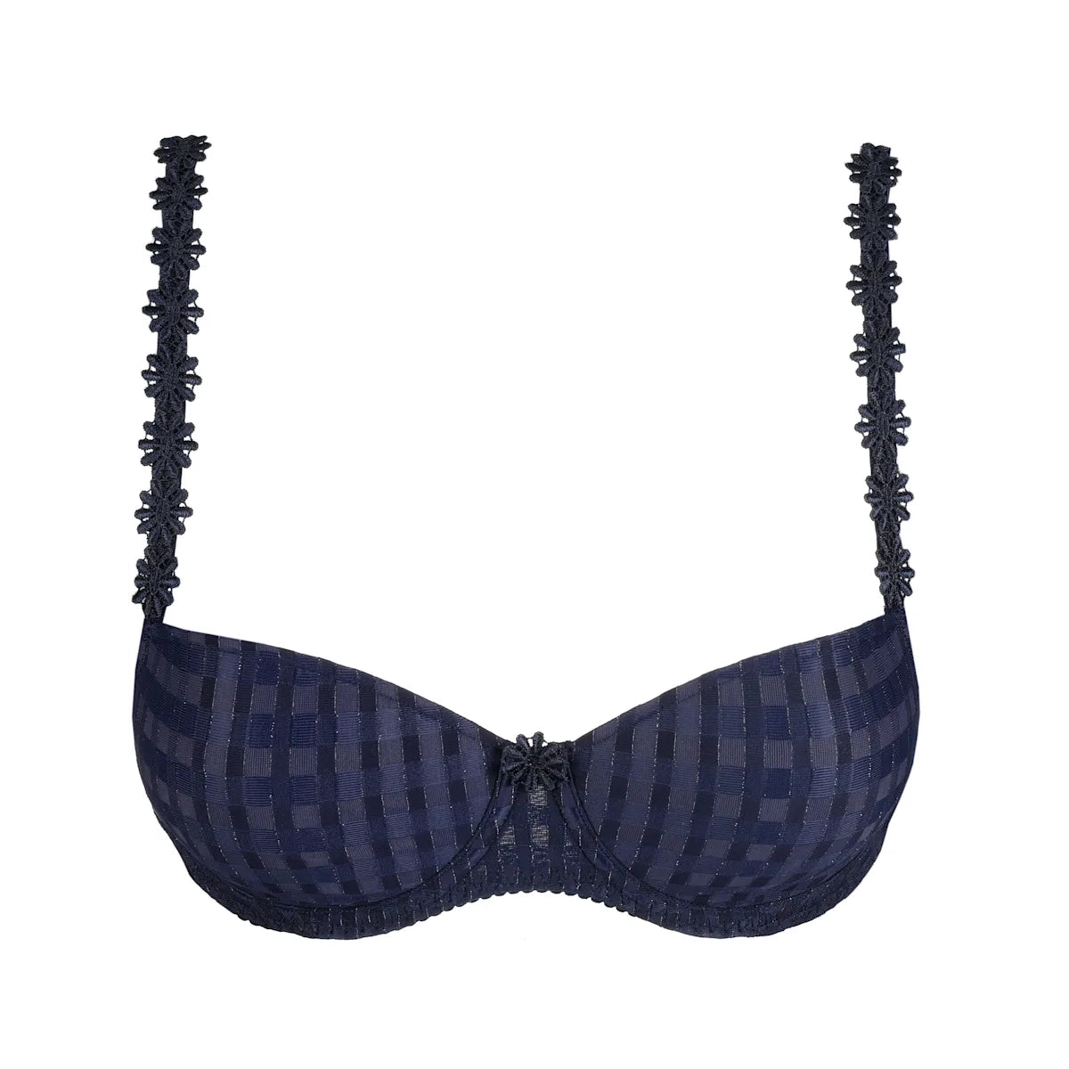Navy blue bra with intricate detailing on a white background