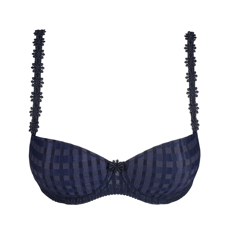 Navy blue bra with intricate detailing on a white background