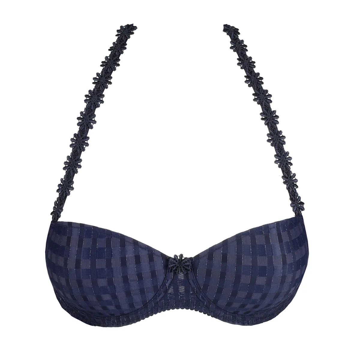 Navy blue patterned bra with decorative straps on a white background