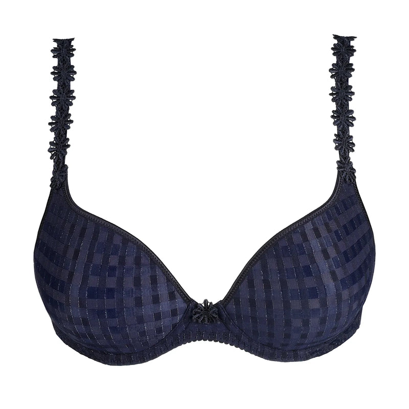 Navy blue patterned bra with decorative straps on a white background