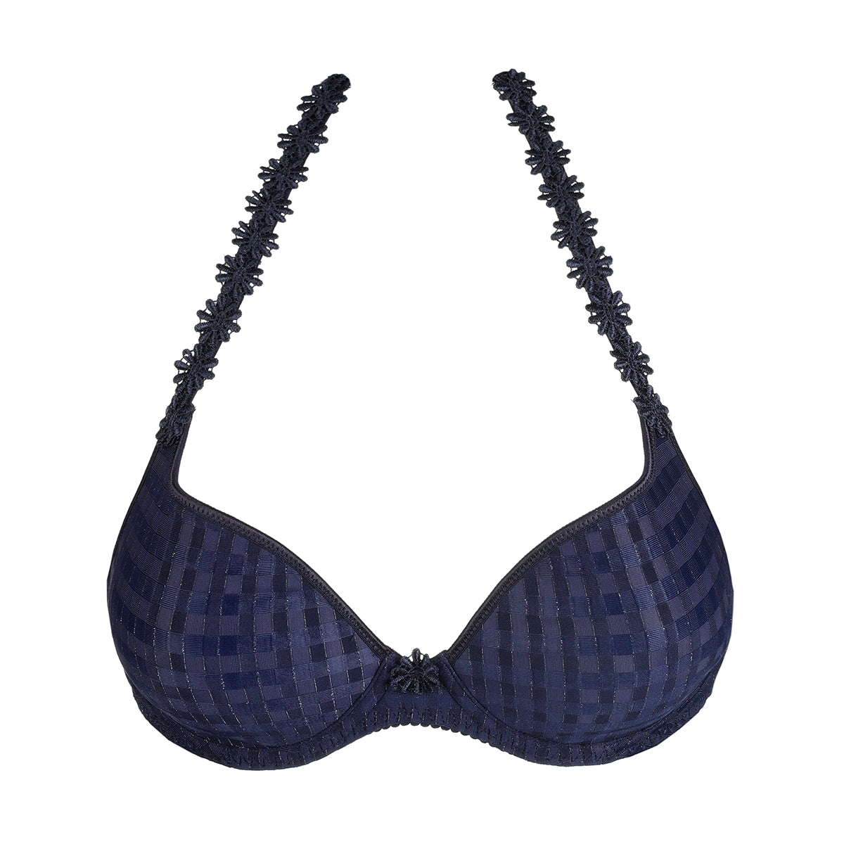 Navy blue bikini top with black lace straps on a white background