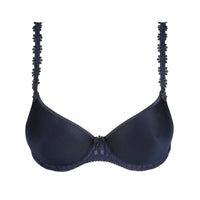 Navy blue bra with lace details on a white background