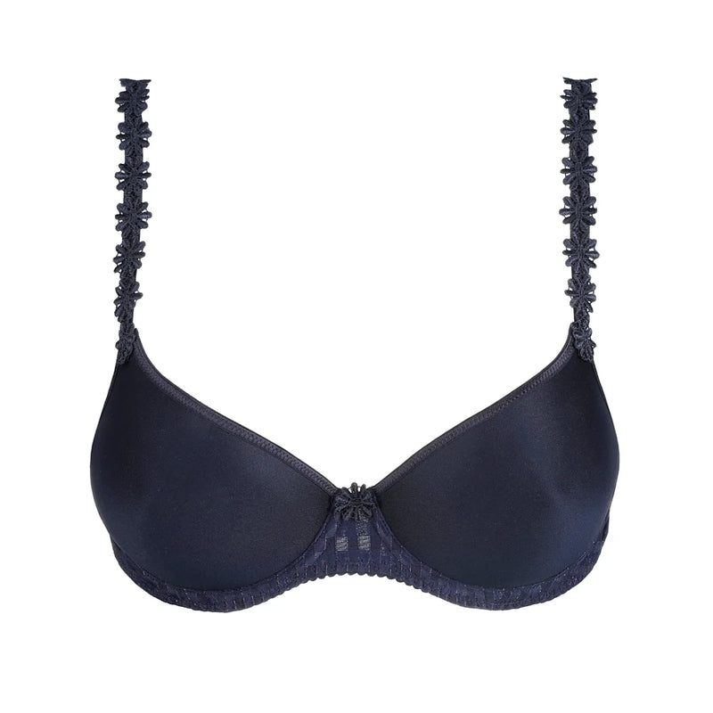 Navy blue bra with lace details on a white background