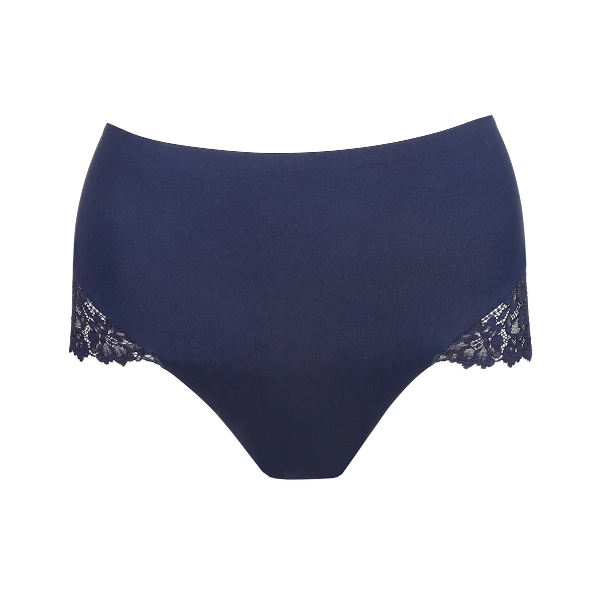 Navy blue women's underwear with lace trim on a white background