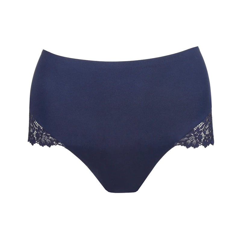 Navy blue women's underwear with lace trim on a white background