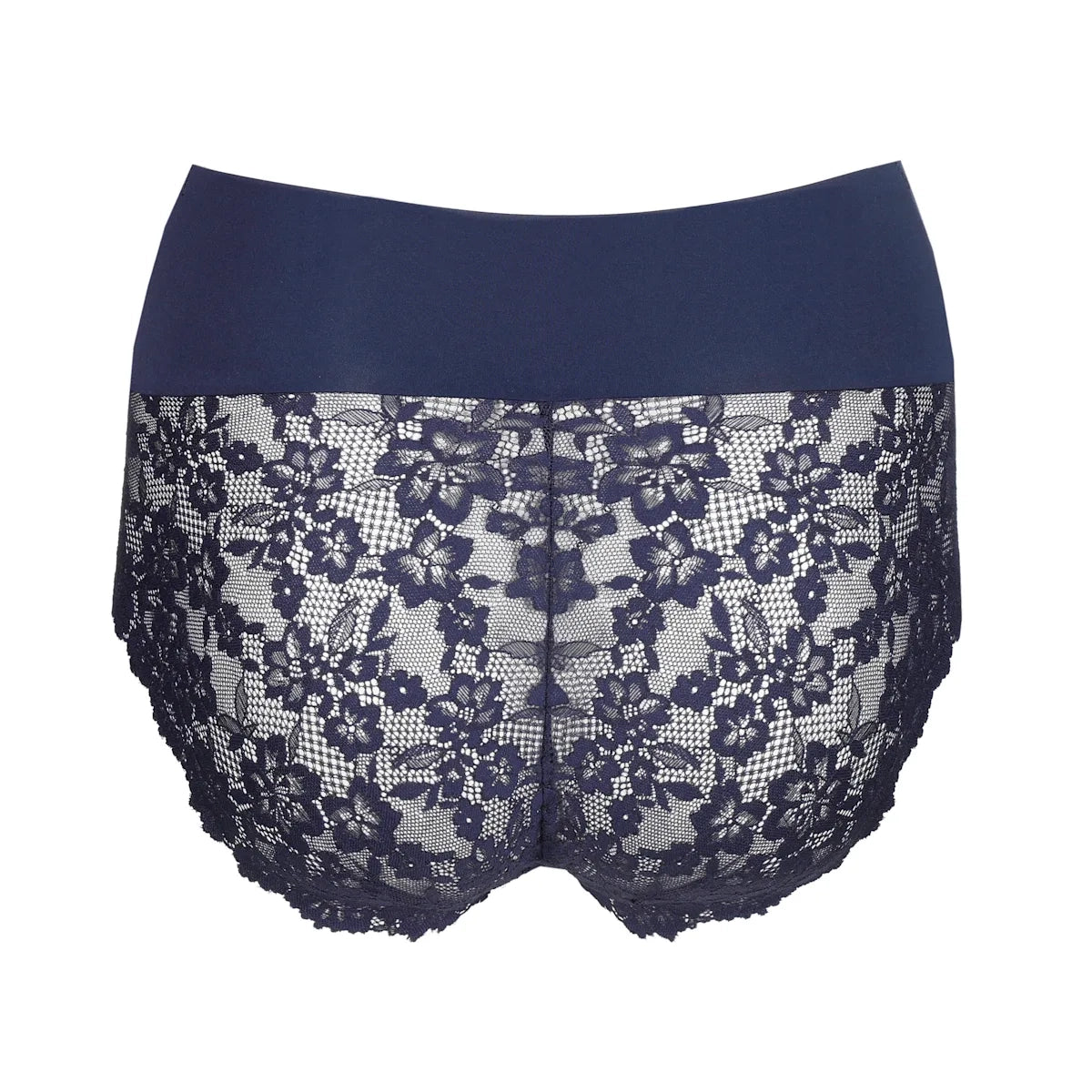 Navy blue lace panties with a solid navy waistband, shown against a plain white background.