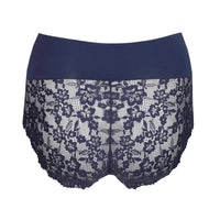 Navy blue lace panties with a solid navy waistband, shown against a plain white background.
