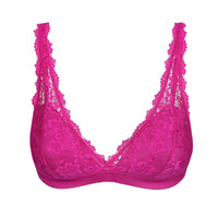 Pink lace bra on a white background