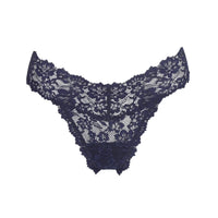Navy blue lace lingerie set on a white background