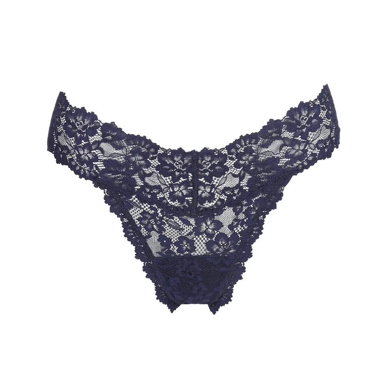 Navy blue lace lingerie set on a white background
