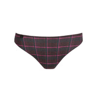 a pair of women's bikini bottoms featuring a dark brown and black plaid pattern with vibrant pink and teal stripes, shown against a plain white background.