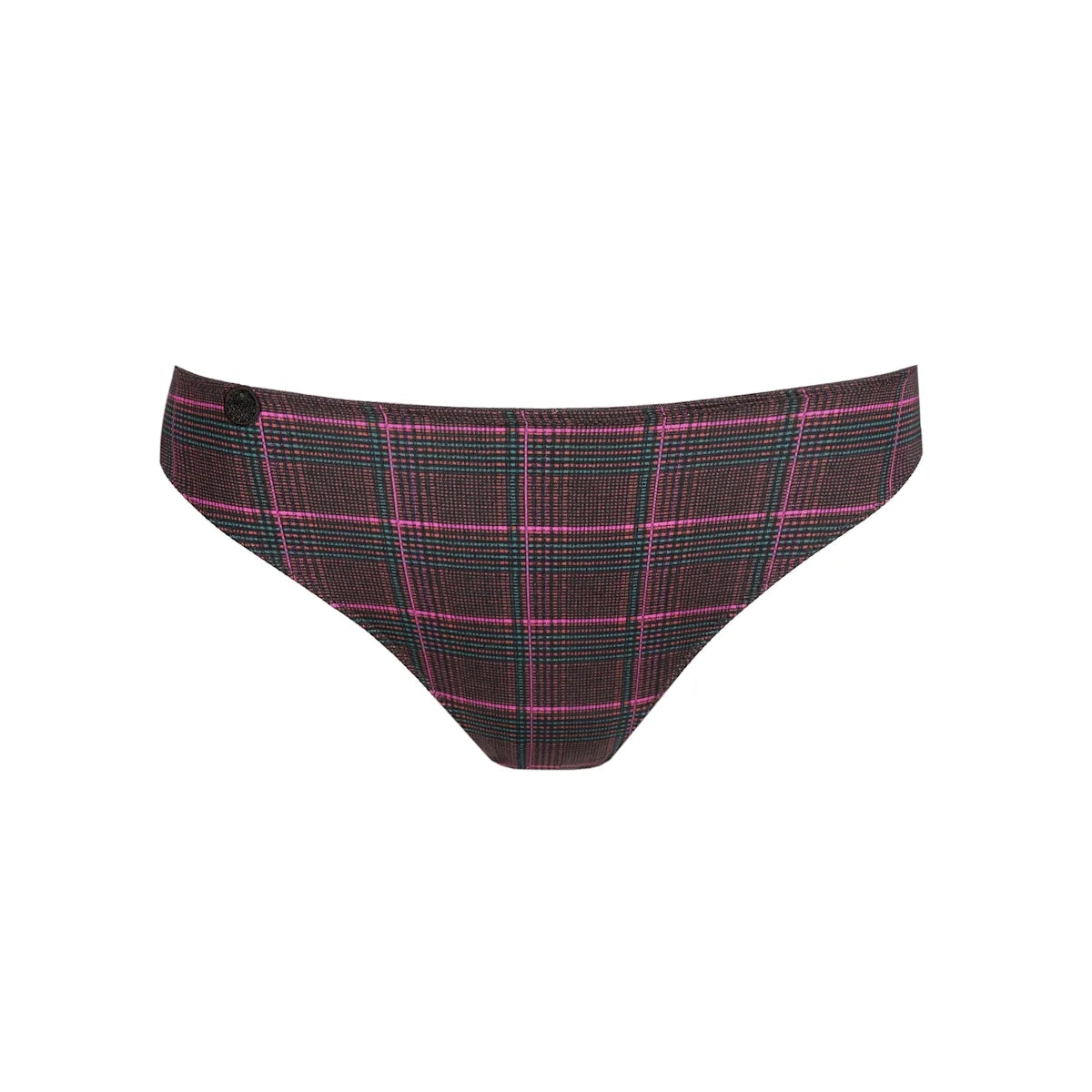 a pair of women's bikini bottoms featuring a dark brown and black plaid pattern with vibrant pink and teal stripes, shown against a plain white background.