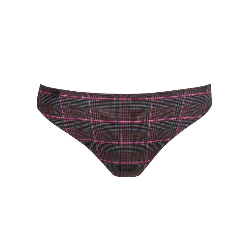 a pair of women's bikini bottoms featuring a dark brown and black plaid pattern with vibrant pink and teal stripes, shown against a plain white background.