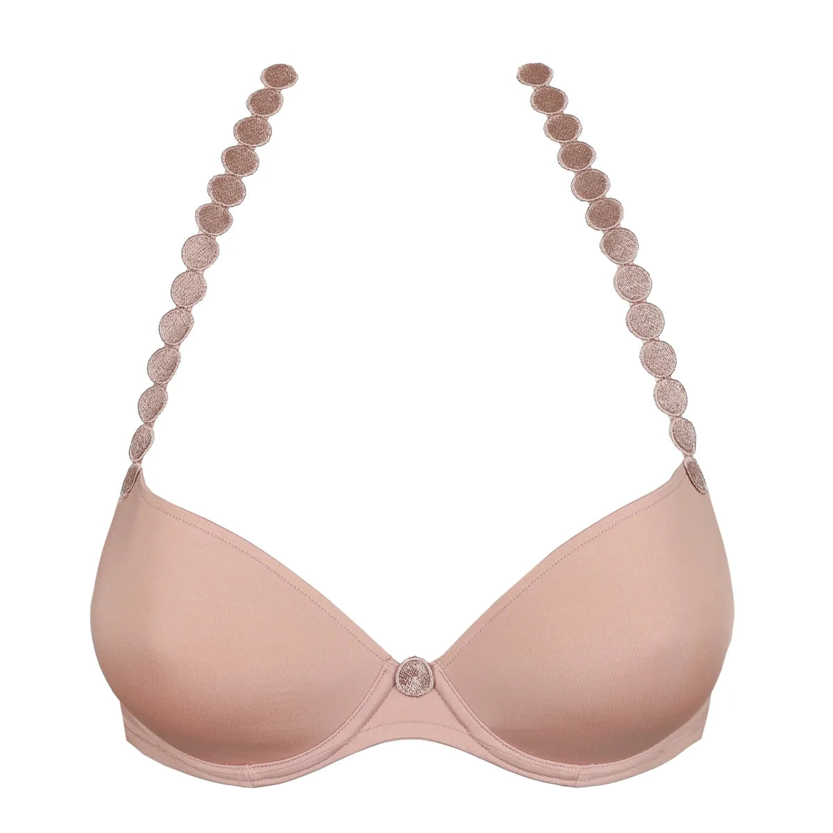 Pink bra with beaded straps on a white background