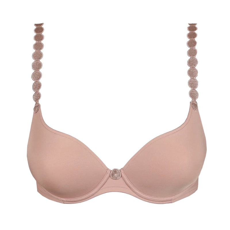 A light pink seamless underwire bra with decorative circular lace-up shoulder straps and a small rhinestone center button, shown on a plain white background.