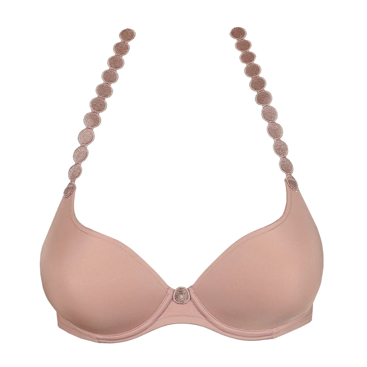 Pink bra with beaded straps on a white background