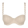 beige bra with floral lace details on a white background