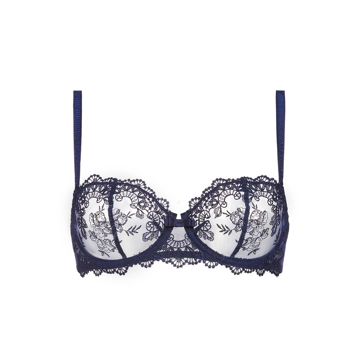 A navy blue lace underwire bra with sheer mesh cups, displayed against a solid white background.