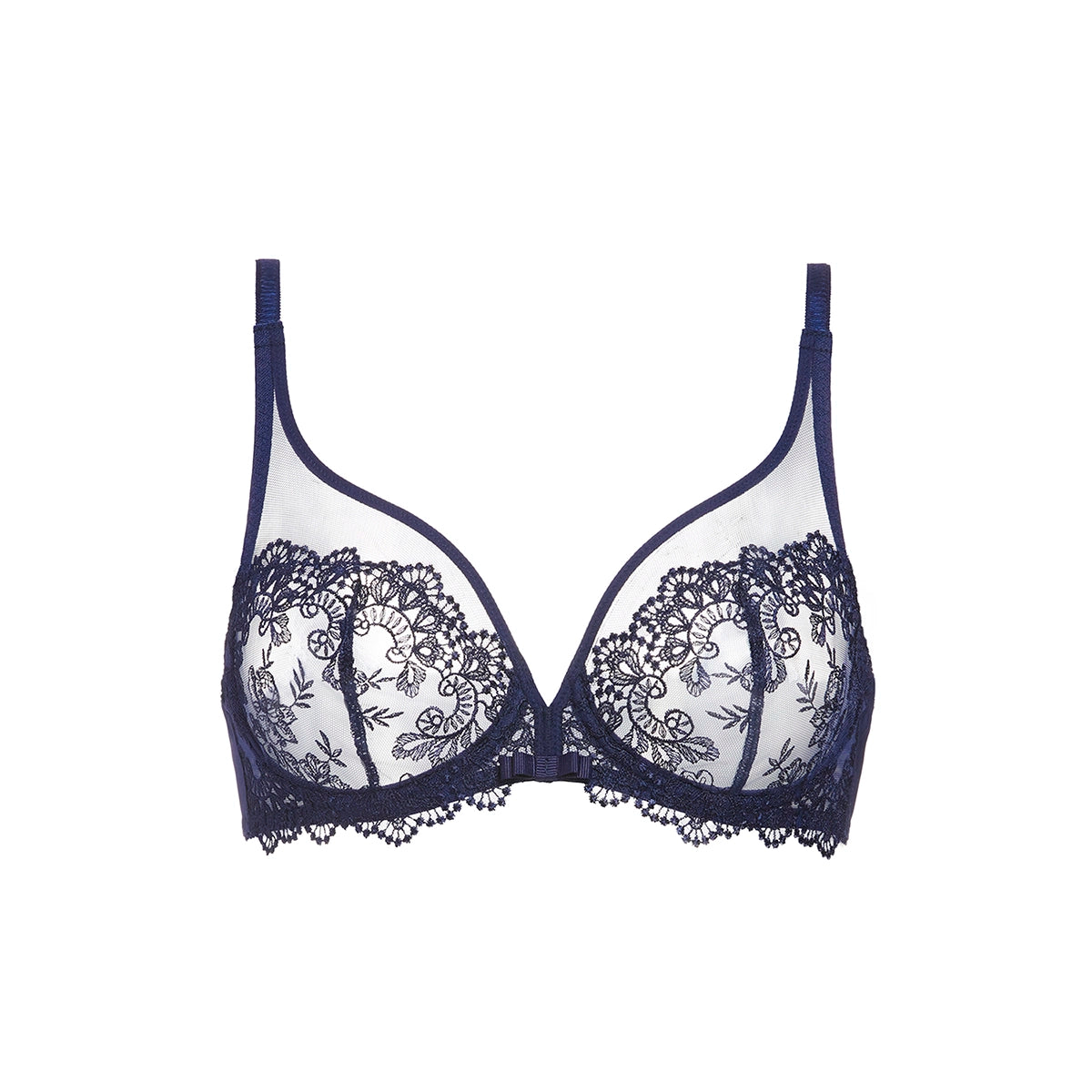 A navy blue lace underwire bra with sheer mesh cups, displayed against a solid white background.