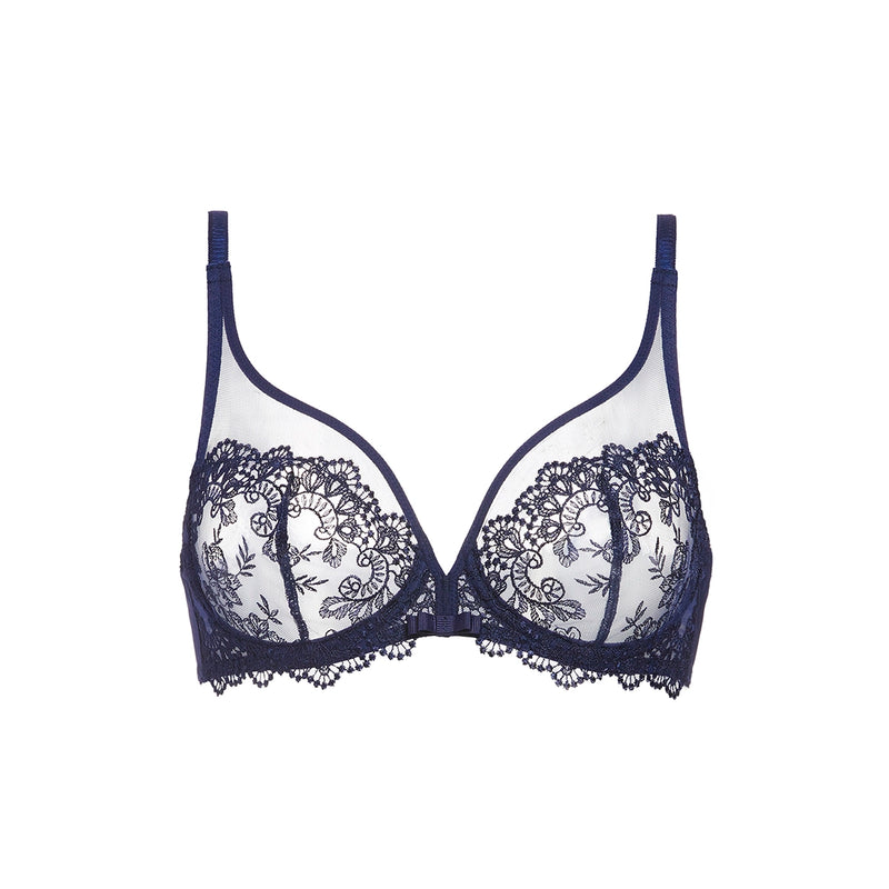 A navy blue lace underwire bra with sheer mesh cups, displayed against a solid white background.