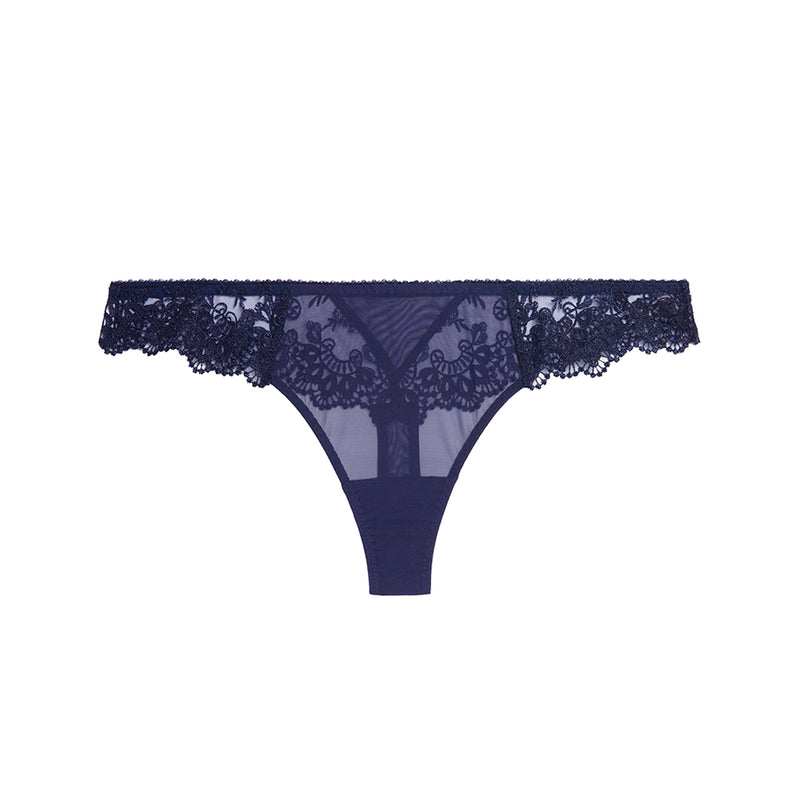 A pair of women's low-rise thong panties in navy blue, featuring a sheer mesh center and a wide, decorative floral lace waistband, shown against a plain white background.